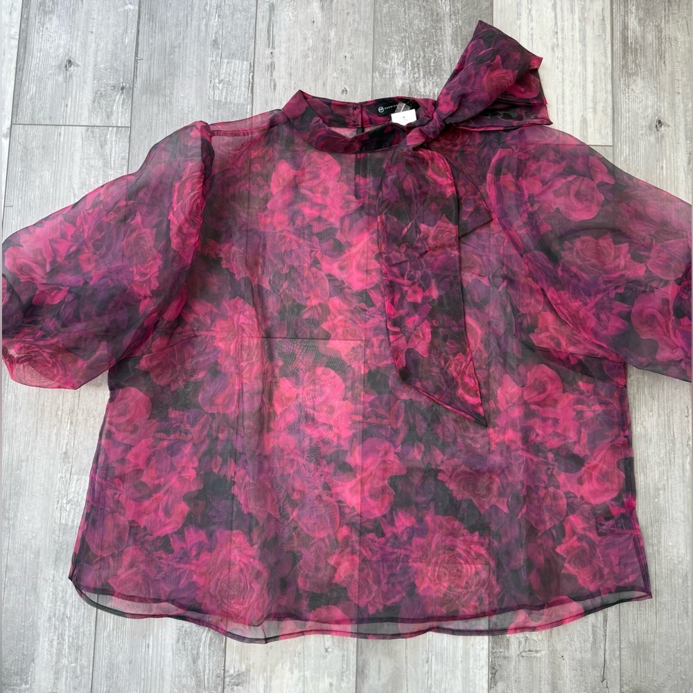 Fashion to Figure Plus Size Floral Sheer Bow Blouse 4X Mock Neck NWT